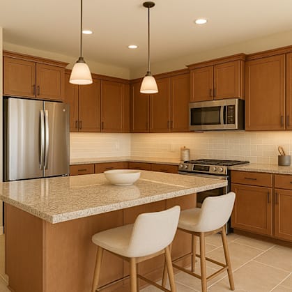 A kitchen with wooden cabinets and a granite countertop.