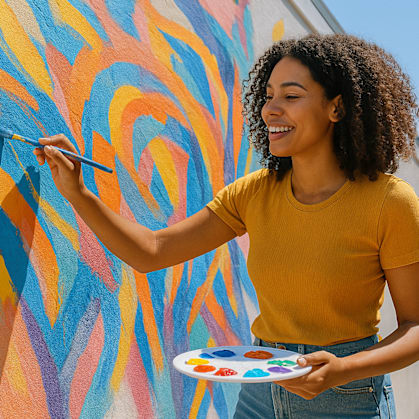 A woman is painting a colorful mural on a wall.