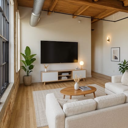 A living room with a large couch, a coffee table, and a flat-screen TV mounted on the wall.