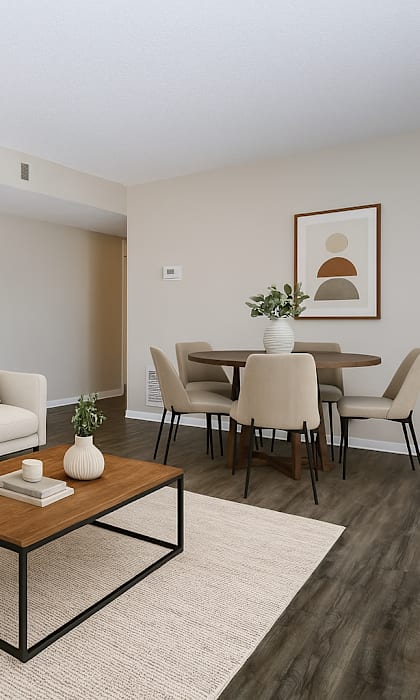 A living room with a white sofa, a coffee table, and a dining table with chairs.