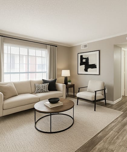 A living room with a white sofa, a black coffee table, and a framed picture on the wall.