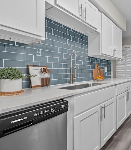 A kitchen with a black dishwasher and a black fridge.