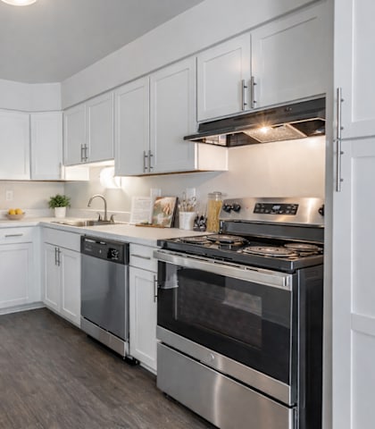 A modern kitchen with white cabinets and stainless steel appliances.