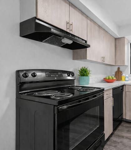 A black stove and refrigerator in a kitchen with wooden cabinets.