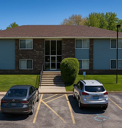 Two cars are parked in a parking lot in front of a brick building.
