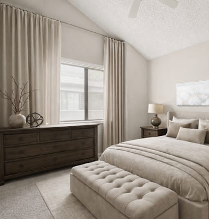 A bedroom with a large bed, a dresser, and a painting on the wall.