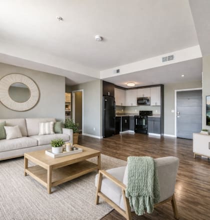 A modern living room with a grey couch, a wooden coffee table, and a flat screen TV.