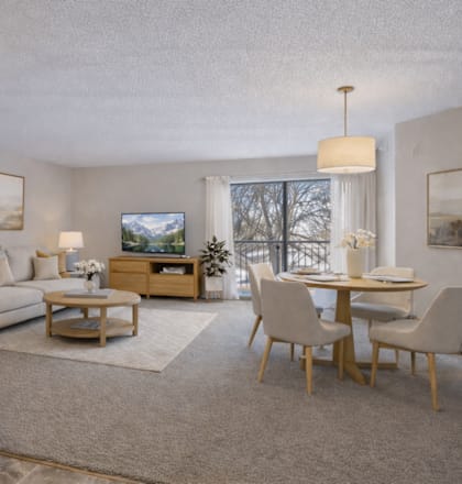 A modern kitchen with a dining area and a TV.