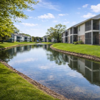 A serene scene of a canal with a building on the side.