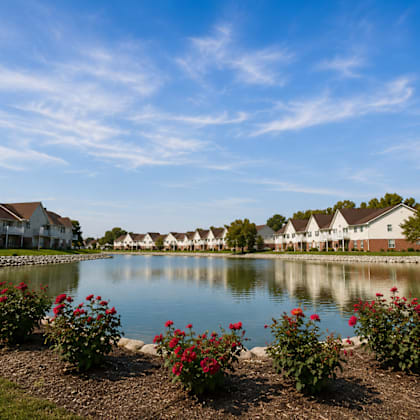 A serene lakeside scene with houses in the background and red flowers in the foreground.
