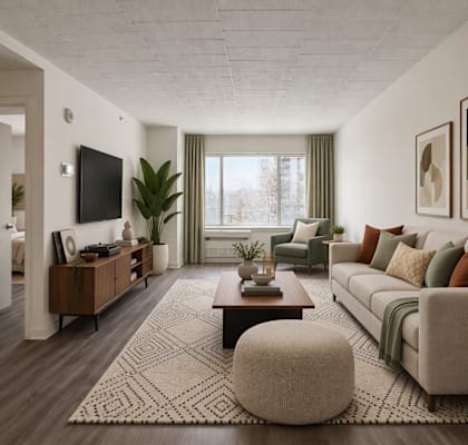 A living room with a grey couch, a coffee table, and a rug.