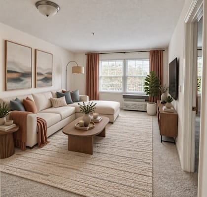 A living room with a white sofa, a coffee table, and a large window.