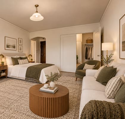A bedroom with a large bed and a couch.