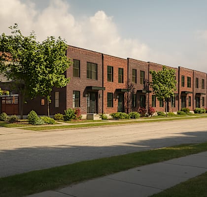 A long row of red brick buildings with trees in front.