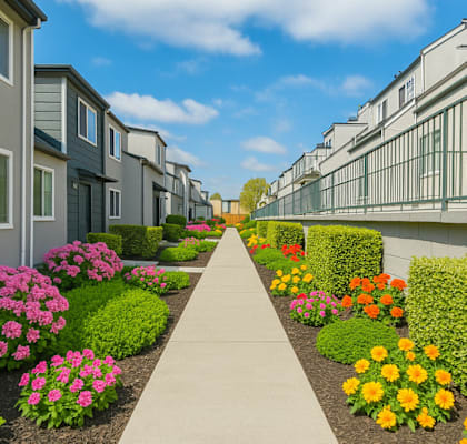A row of houses with a sidewalk and flower beds in front at Oak Center Apartments, Oakland, 94607