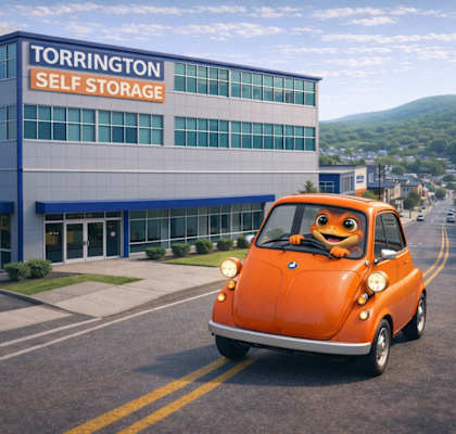 A Torrington Self Storage building with a small orange car in front.