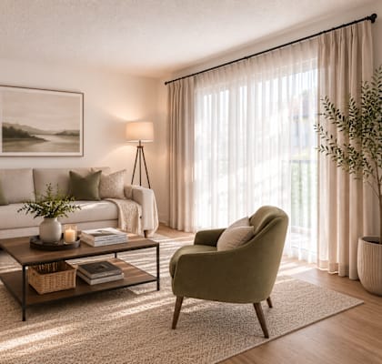A living room with a white couch, a green armchair, and a coffee table with a vase of flowers on it.