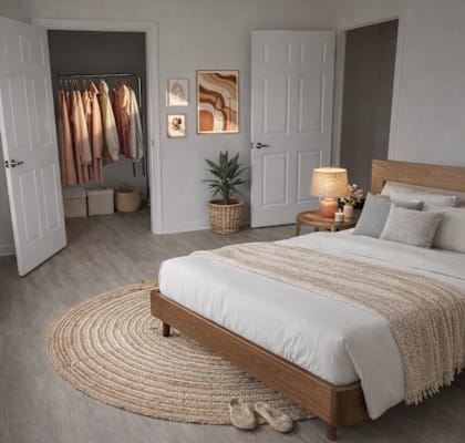 A bedroom with a large bed and a wardrobe with clothes hanging.