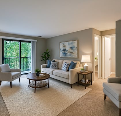 A living room with a couch, chairs, and a television.