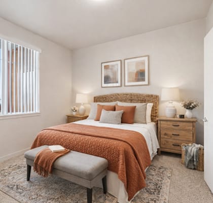 A bedroom with a bed, nightstand, and window. at The Orion Senior Apartments - Orange, CA Apartments, California, 92866