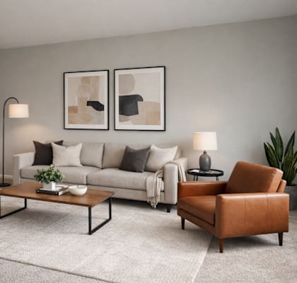 A living room with a white couch, a brown leather chair, and two framed artworks on the wall.