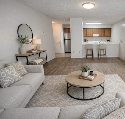 A living room with a grey sofa, a coffee table, and a television.