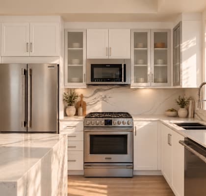 A modern kitchen with white cabinets and stainless steel appliances.