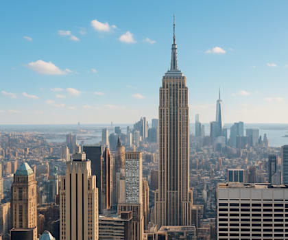The image showcases a cityscape with the Empire State Building as the central focus.