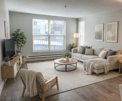 A living room with a grey couch, a white rug, a wooden coffee table, and a television.