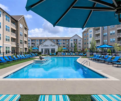 A pool surrounded by chairs and umbrellas at a hotel.