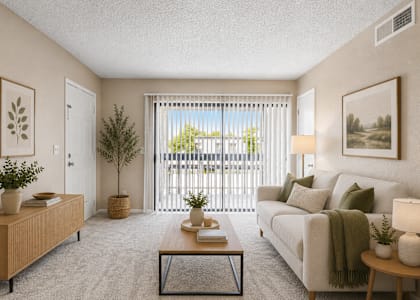 A living room with a white couch, a coffee table, and a large window with blinds.