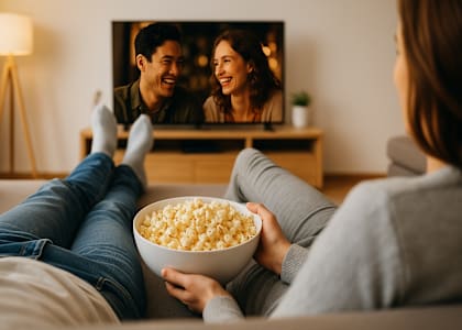 A person is sitting on a couch with a bowl of popcorn in front of them, watching a movie on a TV.