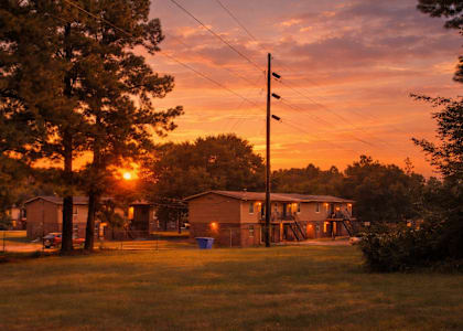 A sunset view of a residential area with houses and trees.