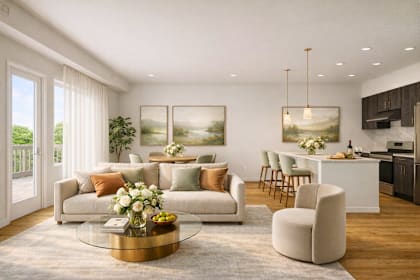 A modern living room with a glass coffee table and a large painting on the wall.