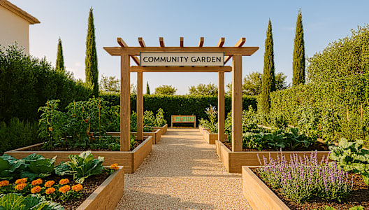 A community garden with a wooden sign that reads "Community Garden" in front of a row of plants.