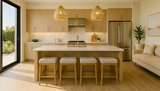 A kitchen with a bar stool and a couch.