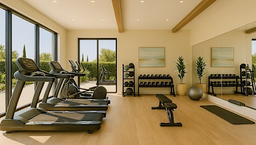A gym with treadmills, weights, and exercise balls.