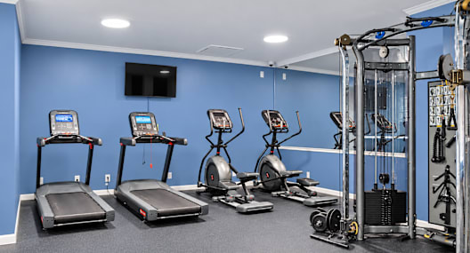 A gym with treadmills, exercise bikes, and weight machines.