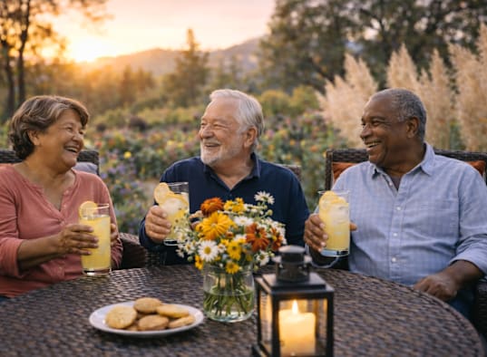 Three people are sitting at a table with drinks and cookies.
