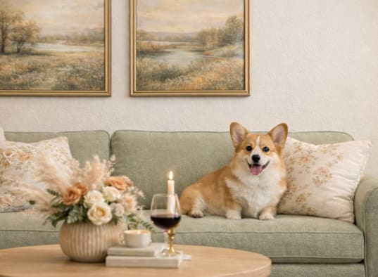 A corgi dog sits on a couch with a candle and a glass of wine on a table in front of it.