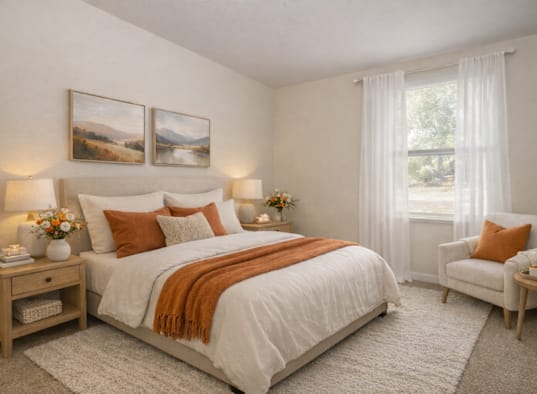 A bedroom with a large bed and a window with curtains.