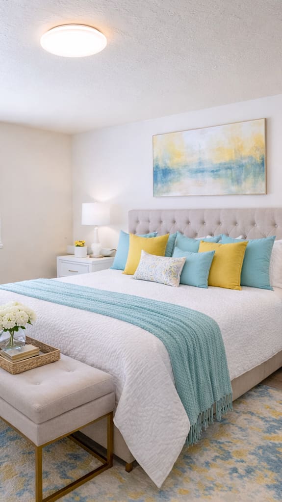 A bedroom with a white bed and a blue and yellow throw blanket.