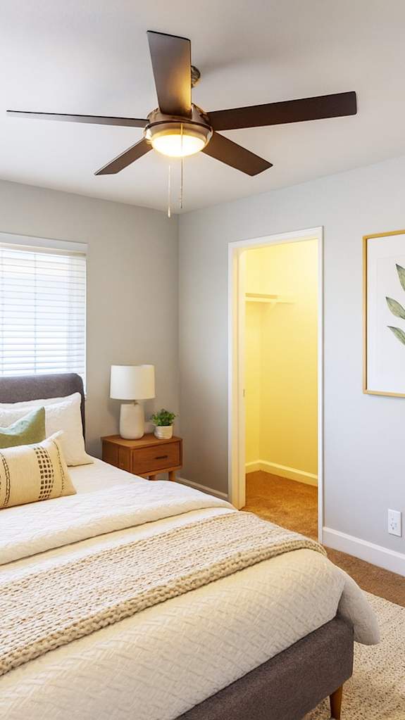 A living room with a grey couch and a white door.
