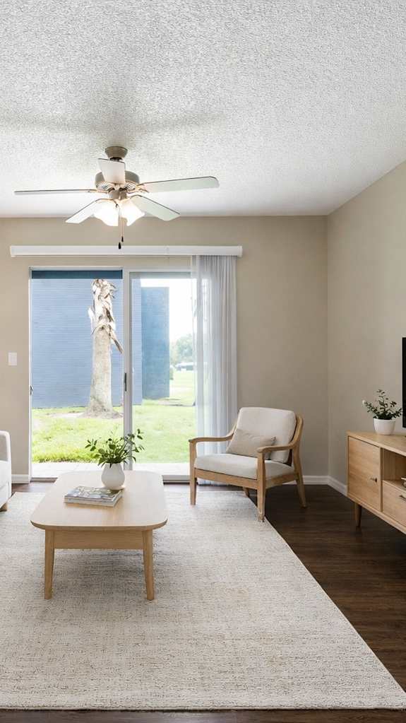 A modern living room with a grey sofa, a coffee table, and a painting on the wall.