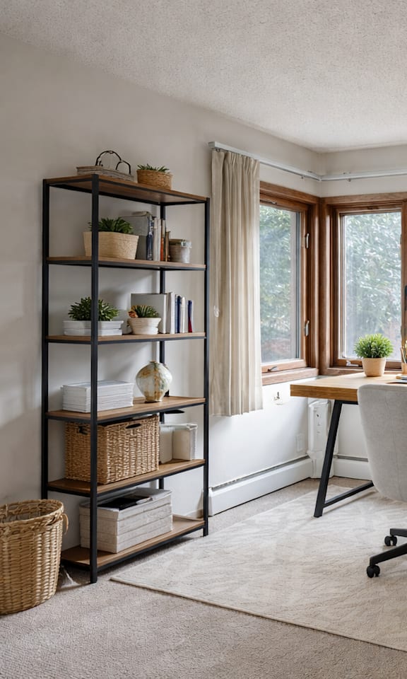 A home office with a desk, chair, and a printer.