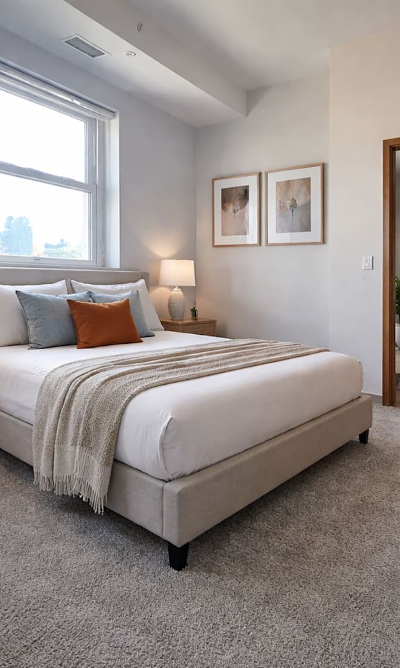 A bedroom with a large bed and a window.