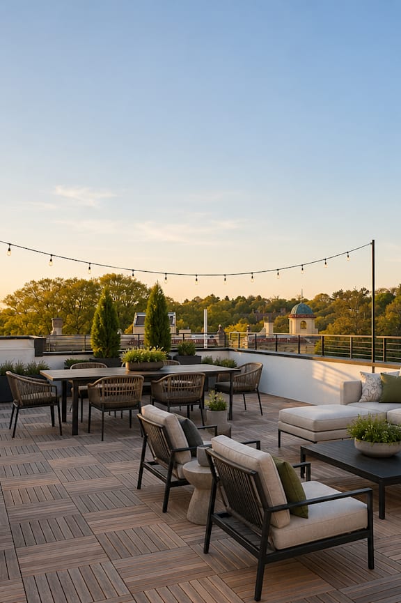 A group of people are sitting on a patio enjoying drinks.