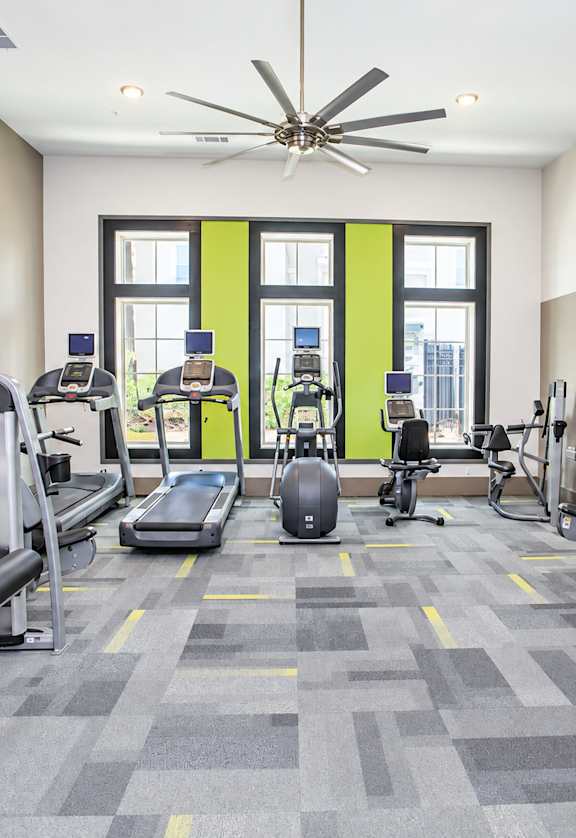 A gym with a variety of equipment including treadmills, weights, and exercise machines.