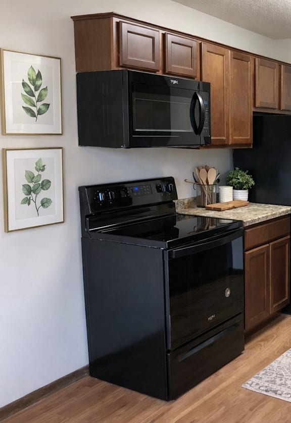 A kitchen with black appliances and wooden cabinets.