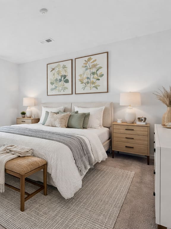 A well-lit bedroom with a large bed and a potted plant.